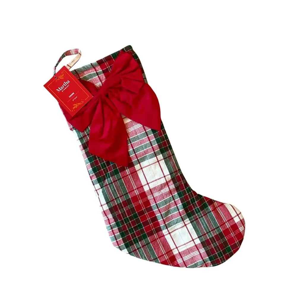Martha Stewart Bow Tartan Stocking 22in Plaid Christmas Holiday Decor NEW